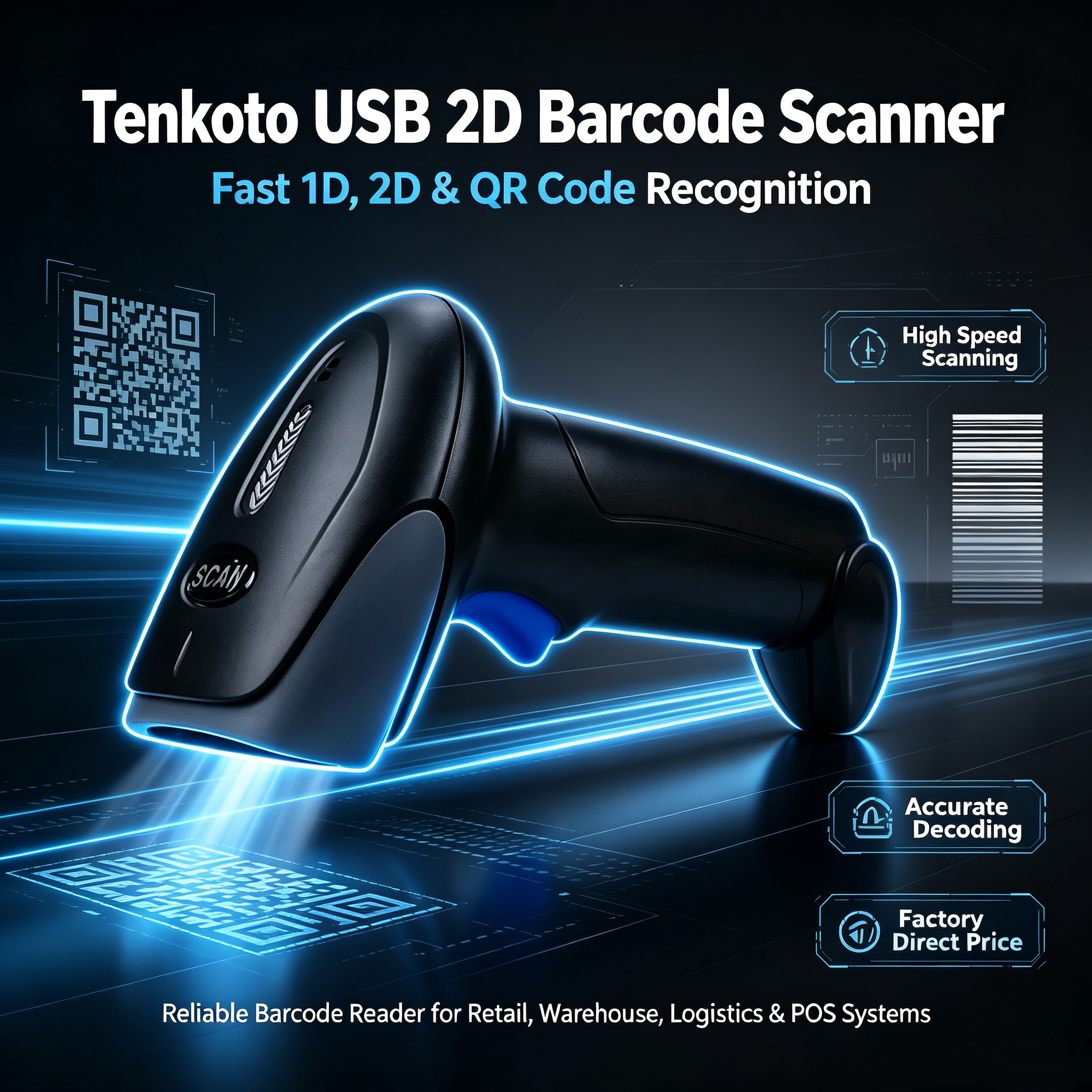 Tenkoto USB 2D Barcode Scanner | Ultra Fast QR & Barcode